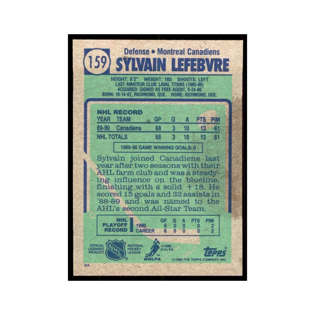 1990 Topps Sylvain Lefebvre Hockey Cards #159