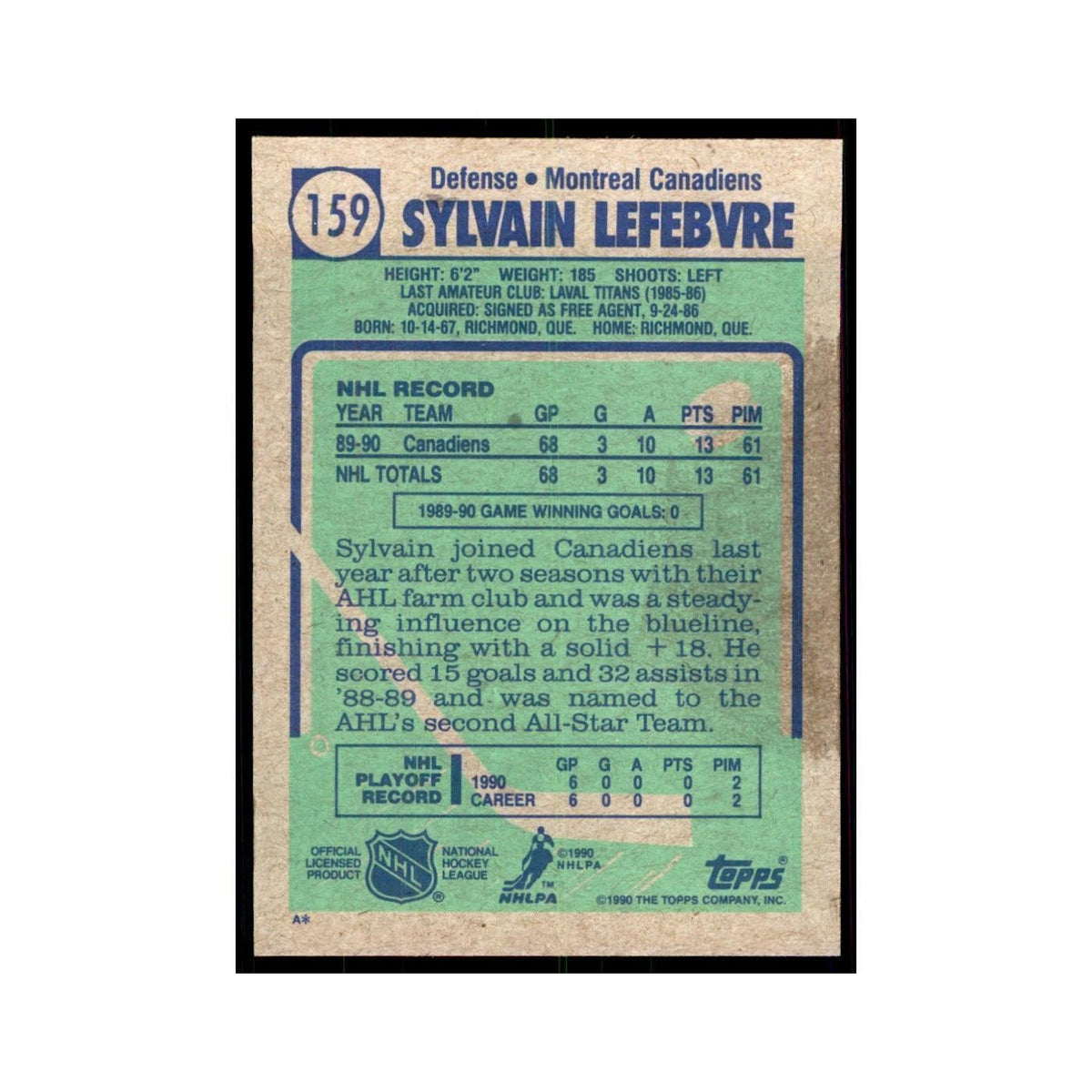 1990 Topps Sylvain Lefebvre Hockey Cards #159