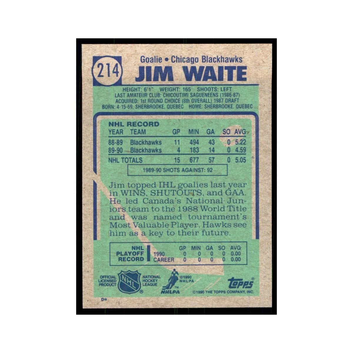 1990 Topps Jim Waite Hockey Cards #214