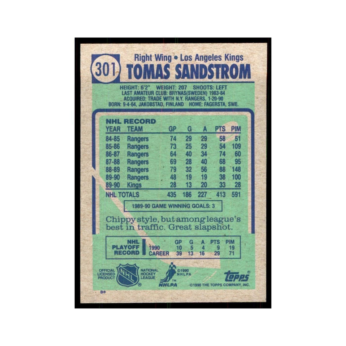1990 Topps Tomas Sandstrom Hockey Cards #301