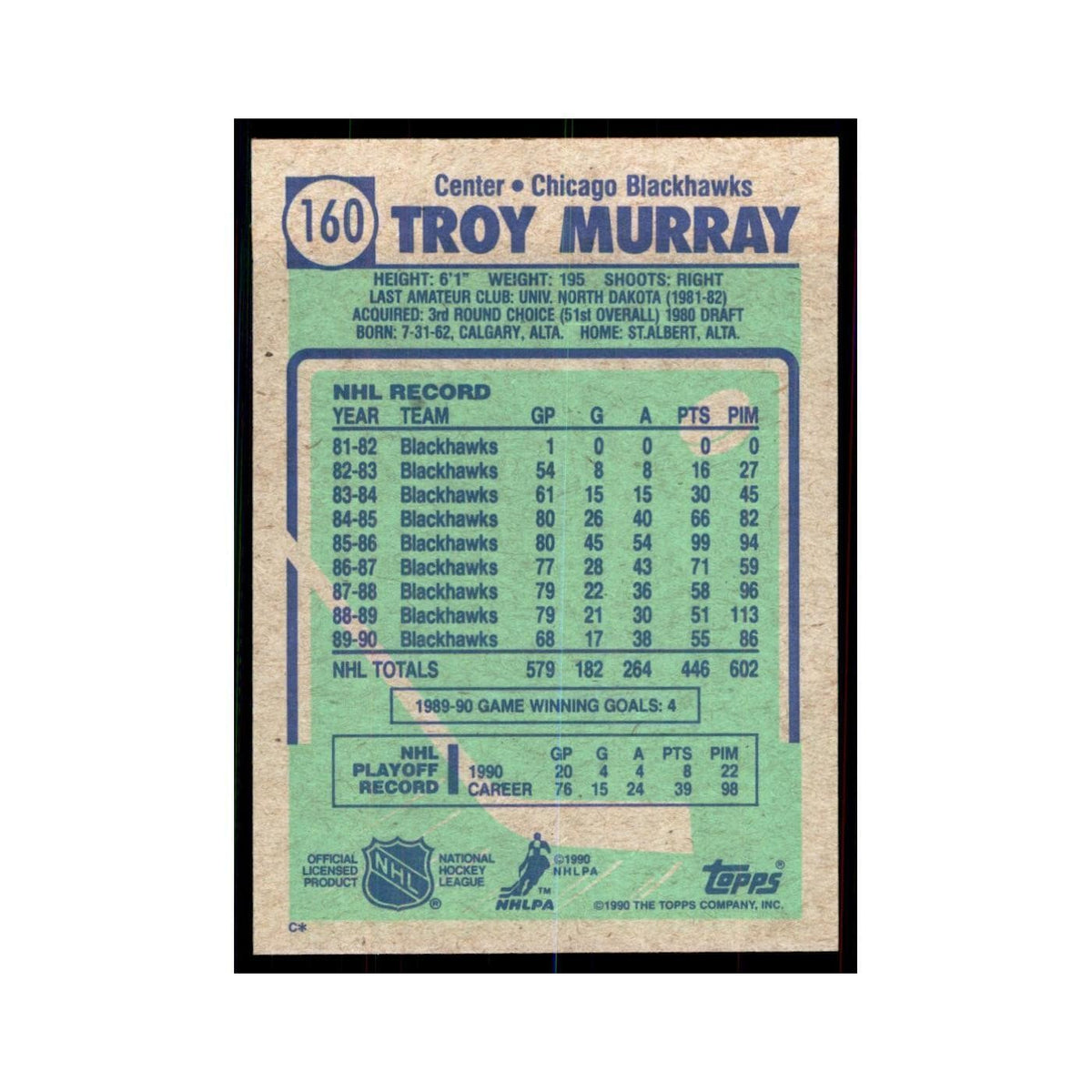 1990 Topps Troy Murray Hockey Cards #160