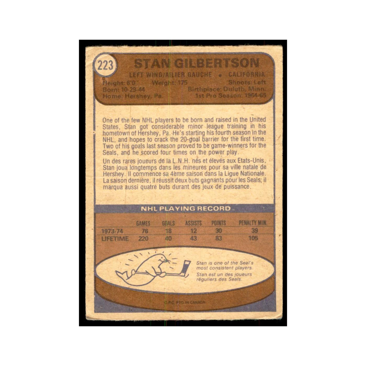 1974 O-Pee-Chee Stan Gilbertson (Damaged) California Golden Seals #223