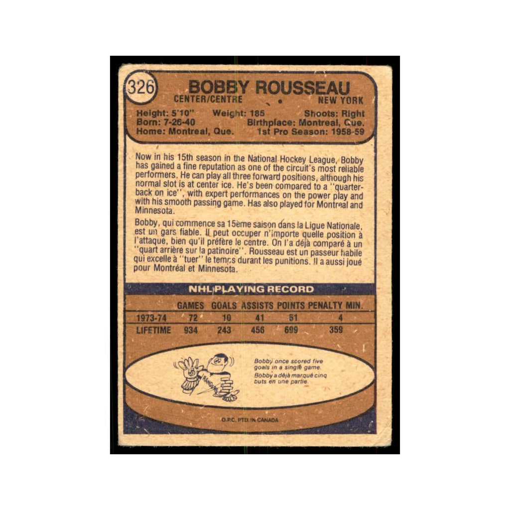 1974 O-Pee-Chee Bobby Rousseau (Damaged) New York Rangers #326