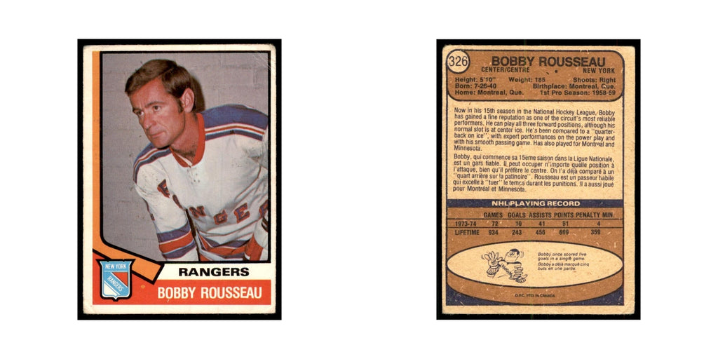 1974 O-Pee-Chee Bobby Rousseau (Damaged) New York Rangers #326