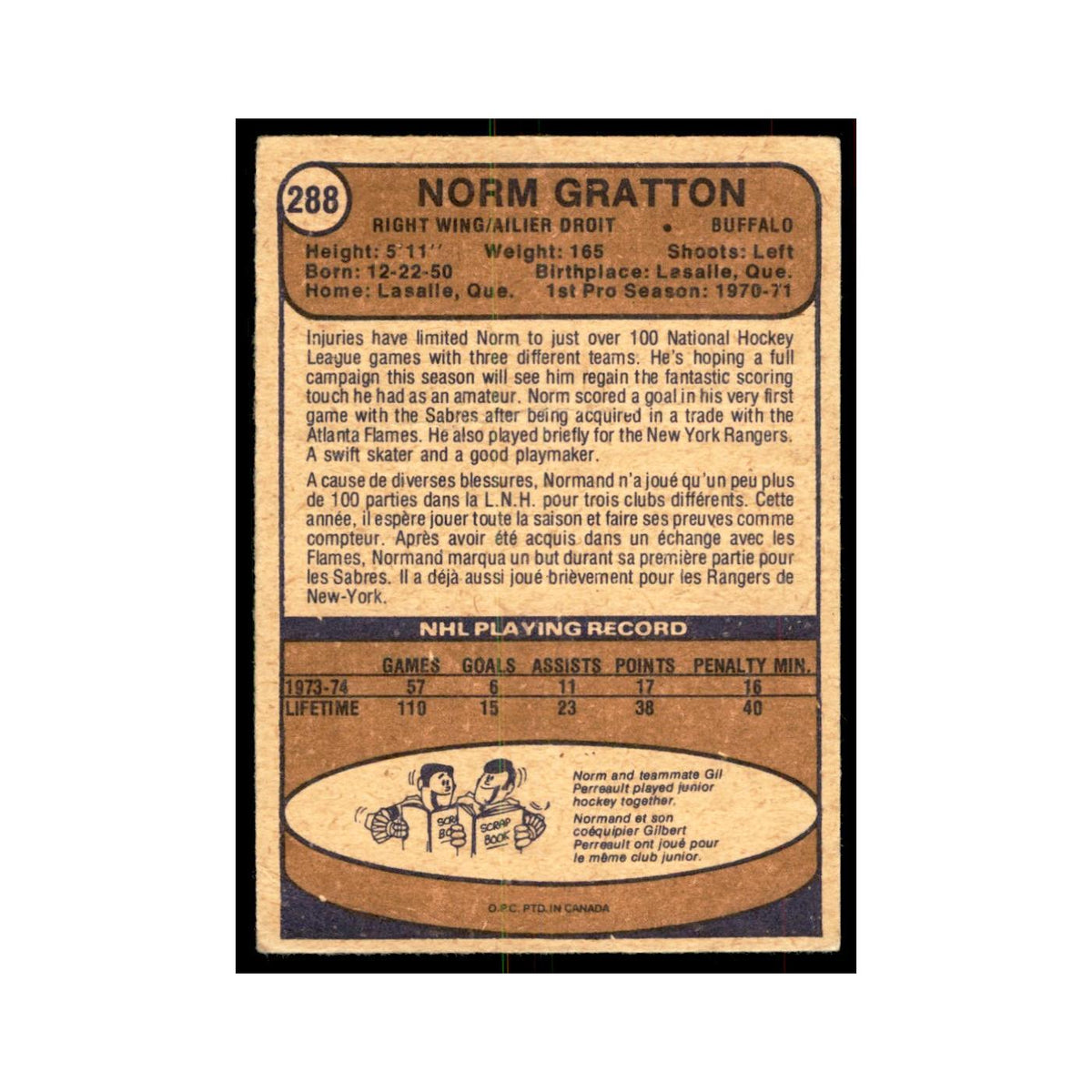 1974 O-Pee-Chee Norm Gratton RC (Damaged) Buffalo Sabres #288
