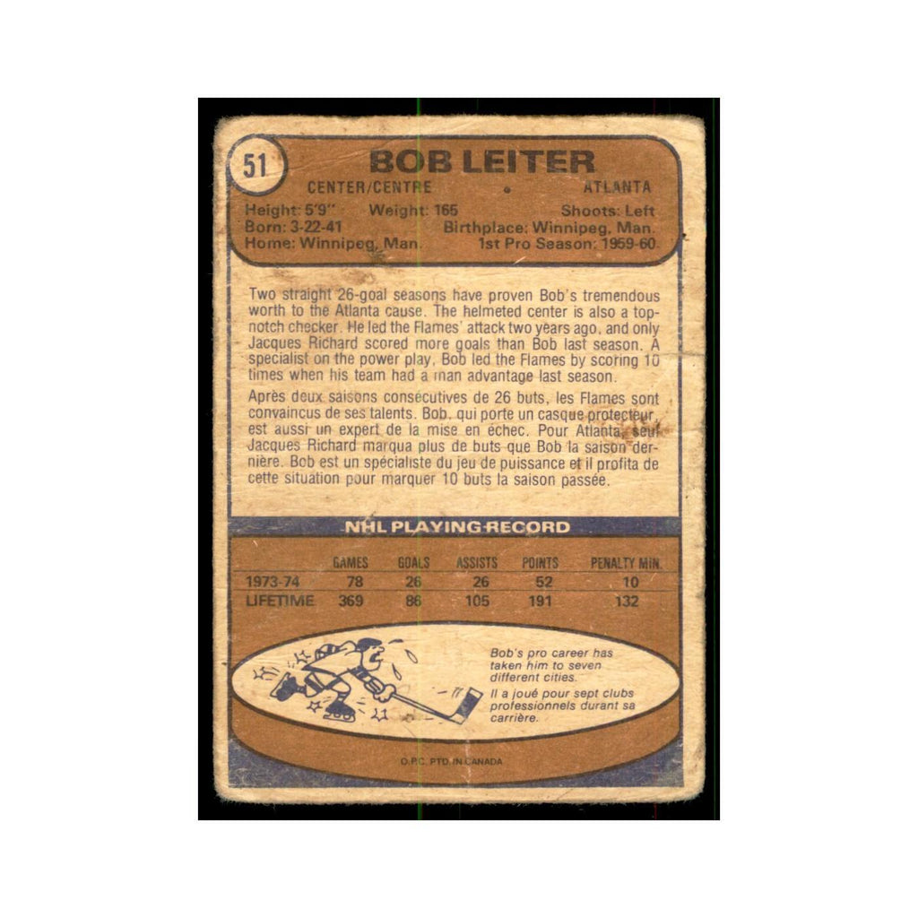1974 O-Pee-Chee Bob Leiter (Damaged) Atlanta Flames #51