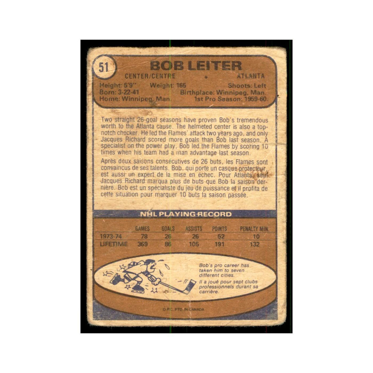 1974 O-Pee-Chee Bob Leiter (Damaged) Atlanta Flames #51