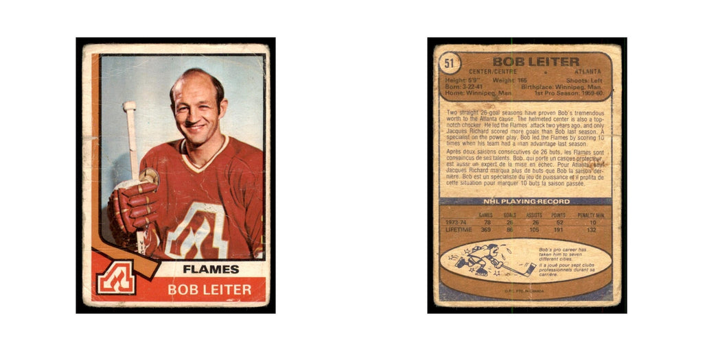 1974 O-Pee-Chee Bob Leiter (Damaged) Atlanta Flames #51