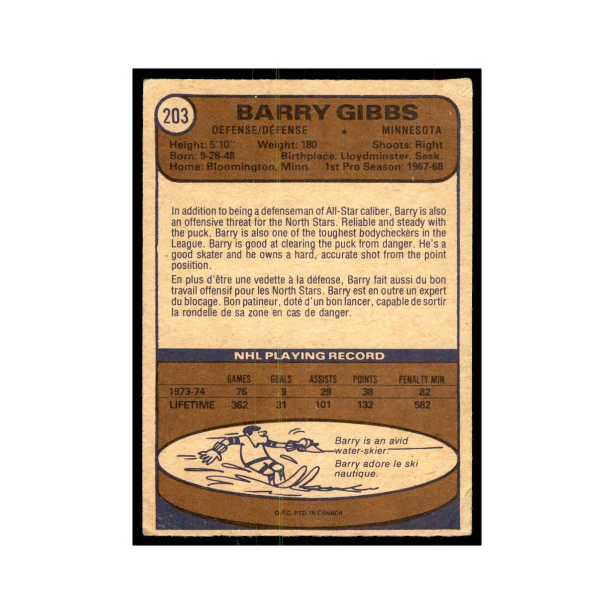 1974 O-Pee-Chee Barry Gibbs (Damaged) Minnesota North Stars #203