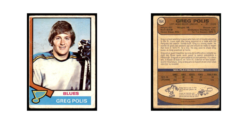 1974 O-Pee-Chee Greg Polis (Damaged) St. Louis Blues #164