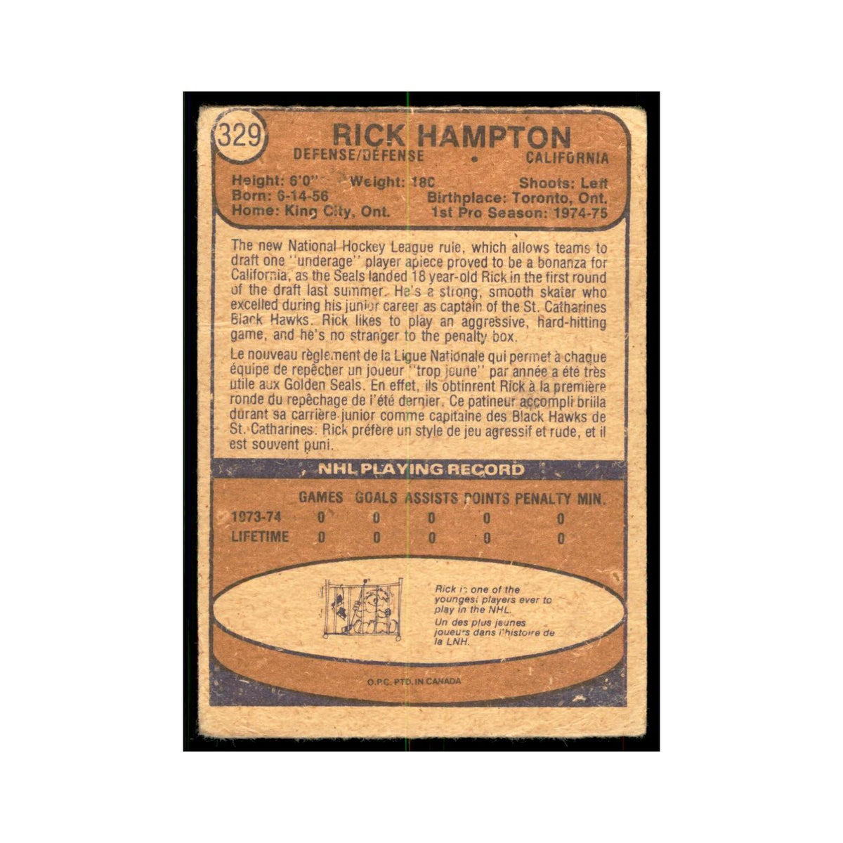 1974 O-Pee-Chee Rick Hampton RC (Damaged) California Golden Seals #329
