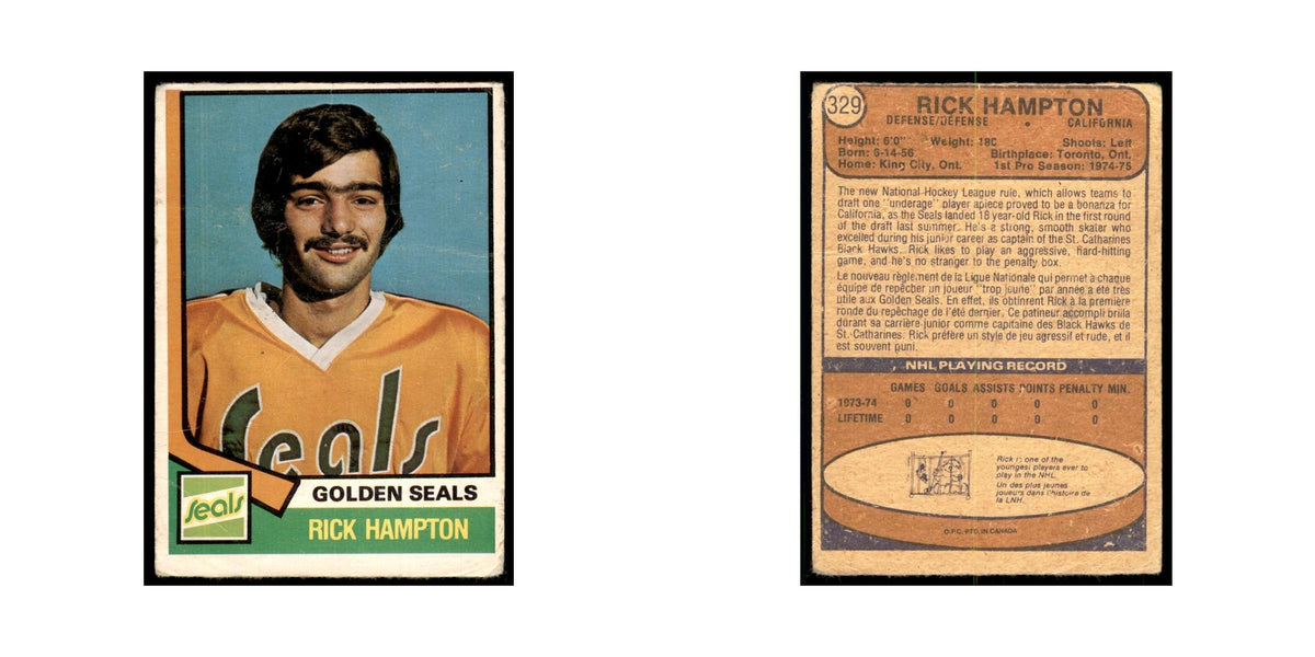 1974 O-Pee-Chee Rick Hampton RC (Damaged) California Golden Seals #329