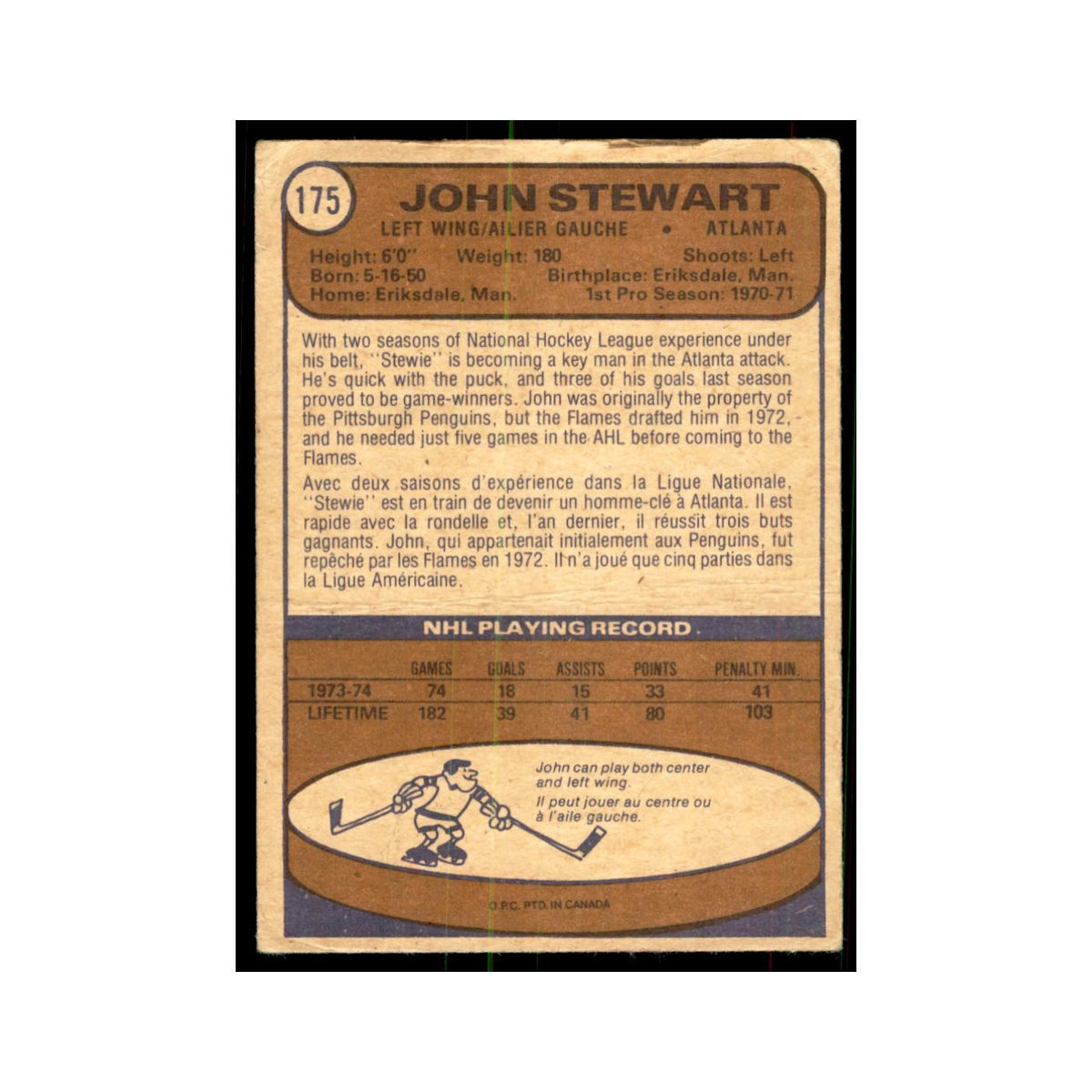 1974 O-Pee-Chee John Stewart RC (Damaged) California Golden Seals #175