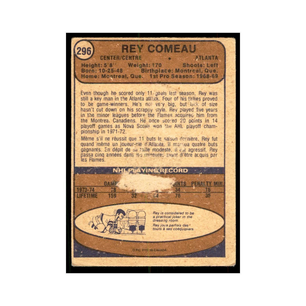 1974 O-Pee-Chee Rey Comeau (Damaged) Atlanta Flames #296