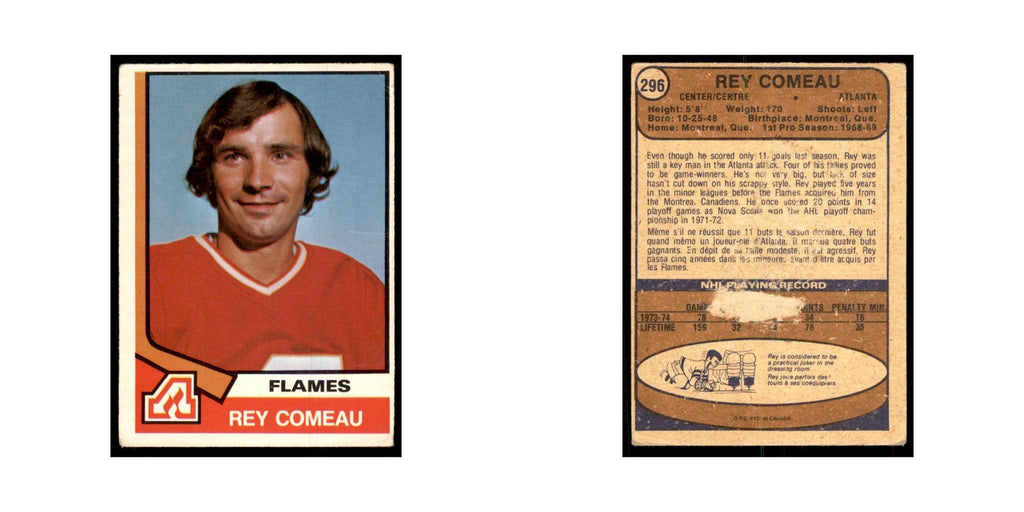 1974 O-Pee-Chee Rey Comeau (Damaged) Atlanta Flames #296