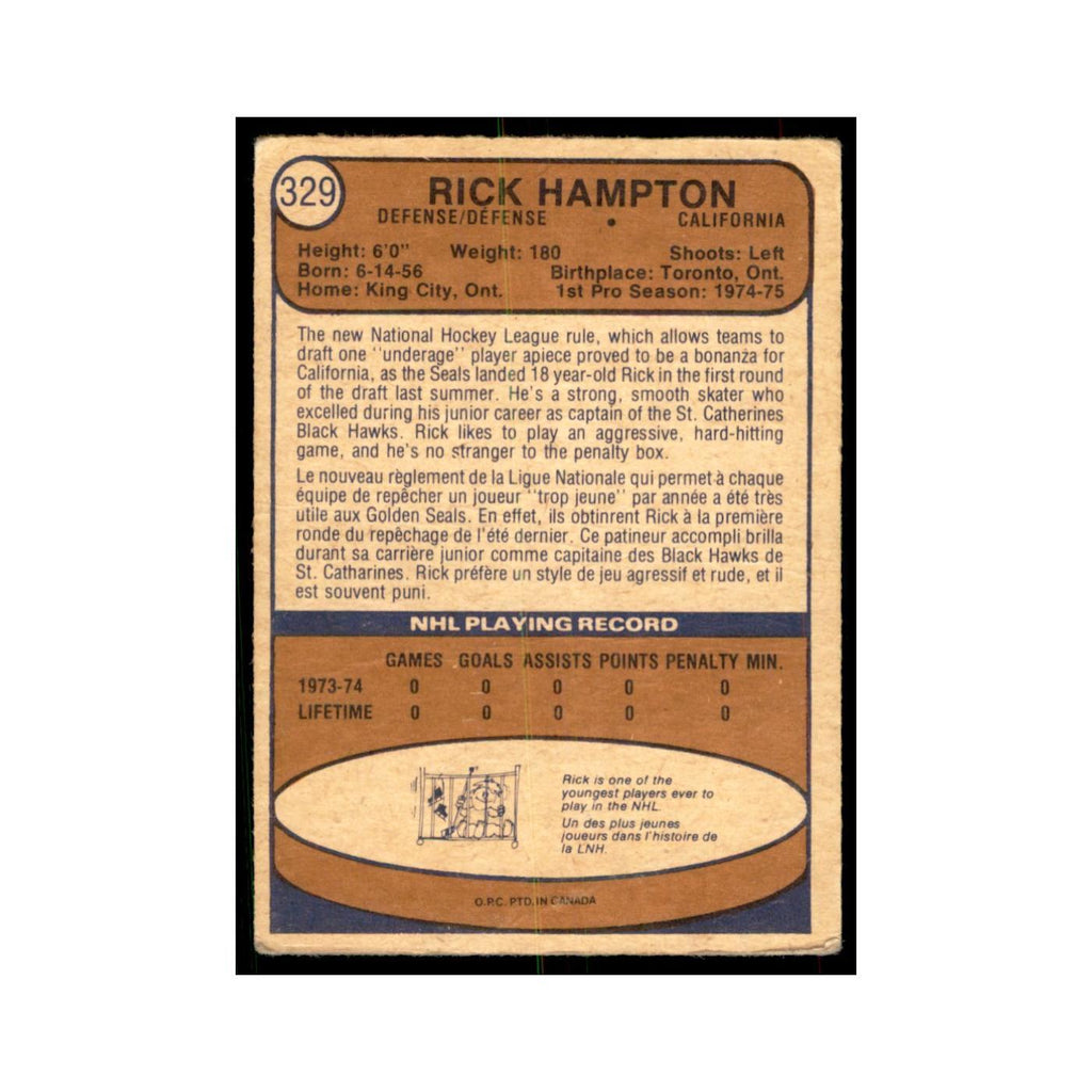 1974 O-Pee-Chee Rick Hampton RC (Damaged) California Golden Seals #329