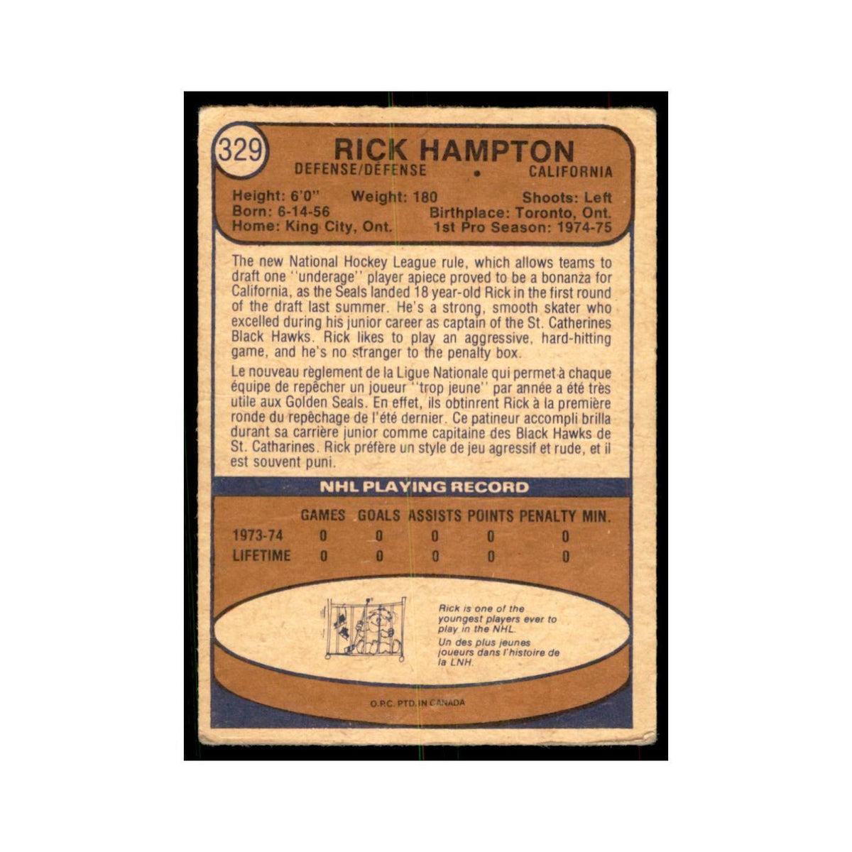 1974 O-Pee-Chee Rick Hampton RC (Damaged) California Golden Seals #329