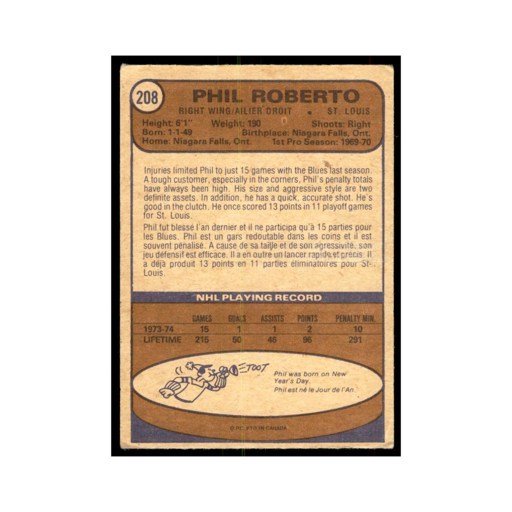 1974 O-Pee-Chee Phil Roberto (Damaged) St. Louis Blues #208