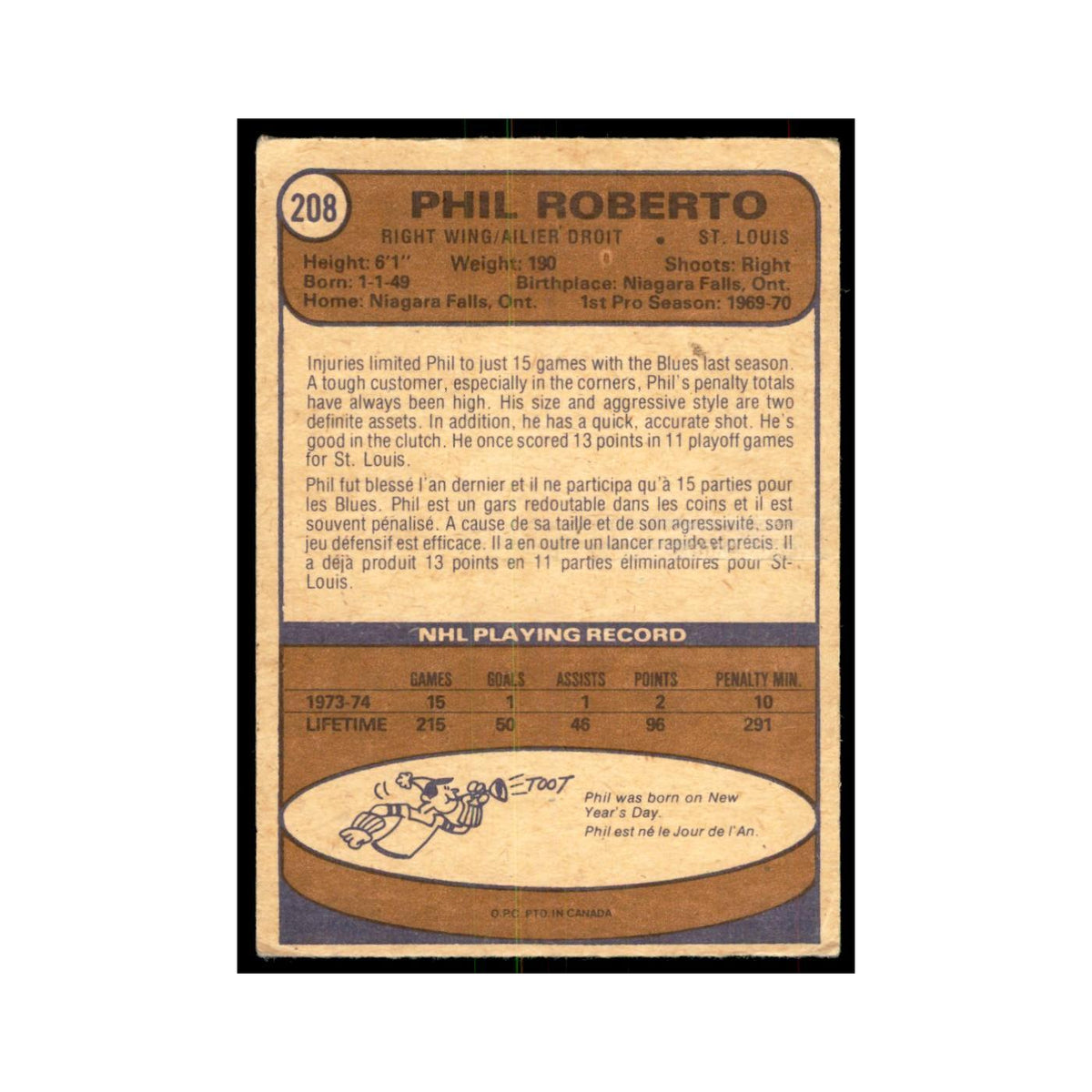 1974 O-Pee-Chee Phil Roberto (Damaged) St. Louis Blues #208