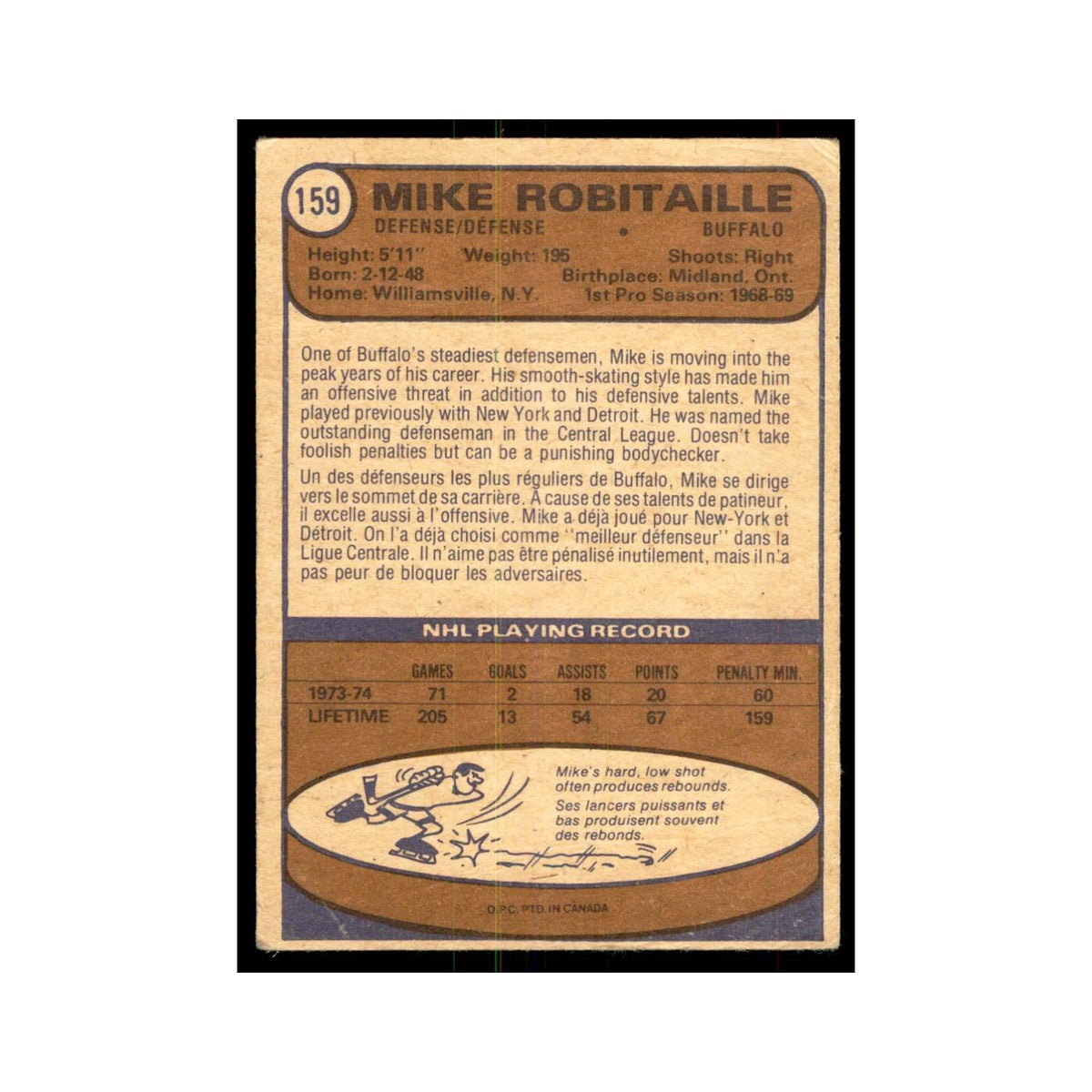 1974 O-Pee-Chee Mike Robitaille (Damaged) Buffalo Sabres #159
