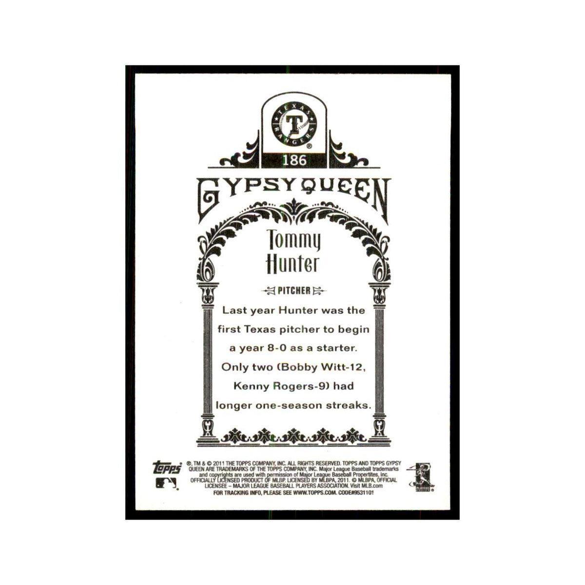 2011 Topps Gypsy Queen Tommy Hunter Rangers #186