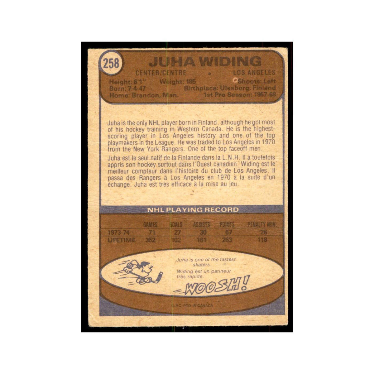 1974 O-Pee-Chee (damaged) Juha Widing Los Angeles Kings #258