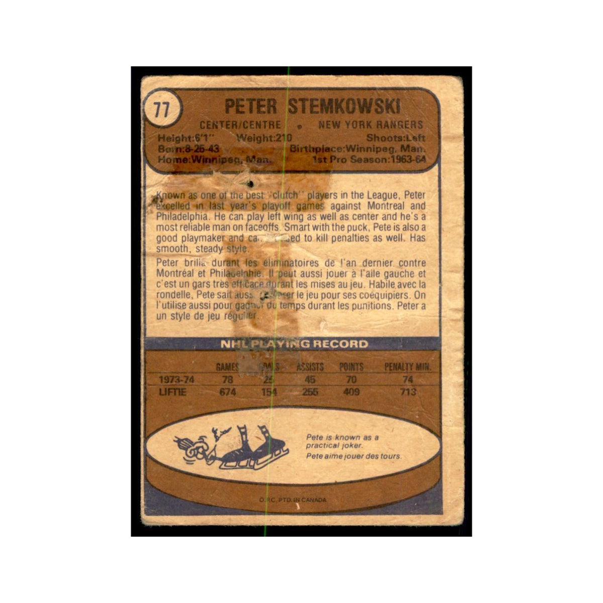 1974 O-Pee-Chee (damaged) Pete Stemkowski New York Rangers #77