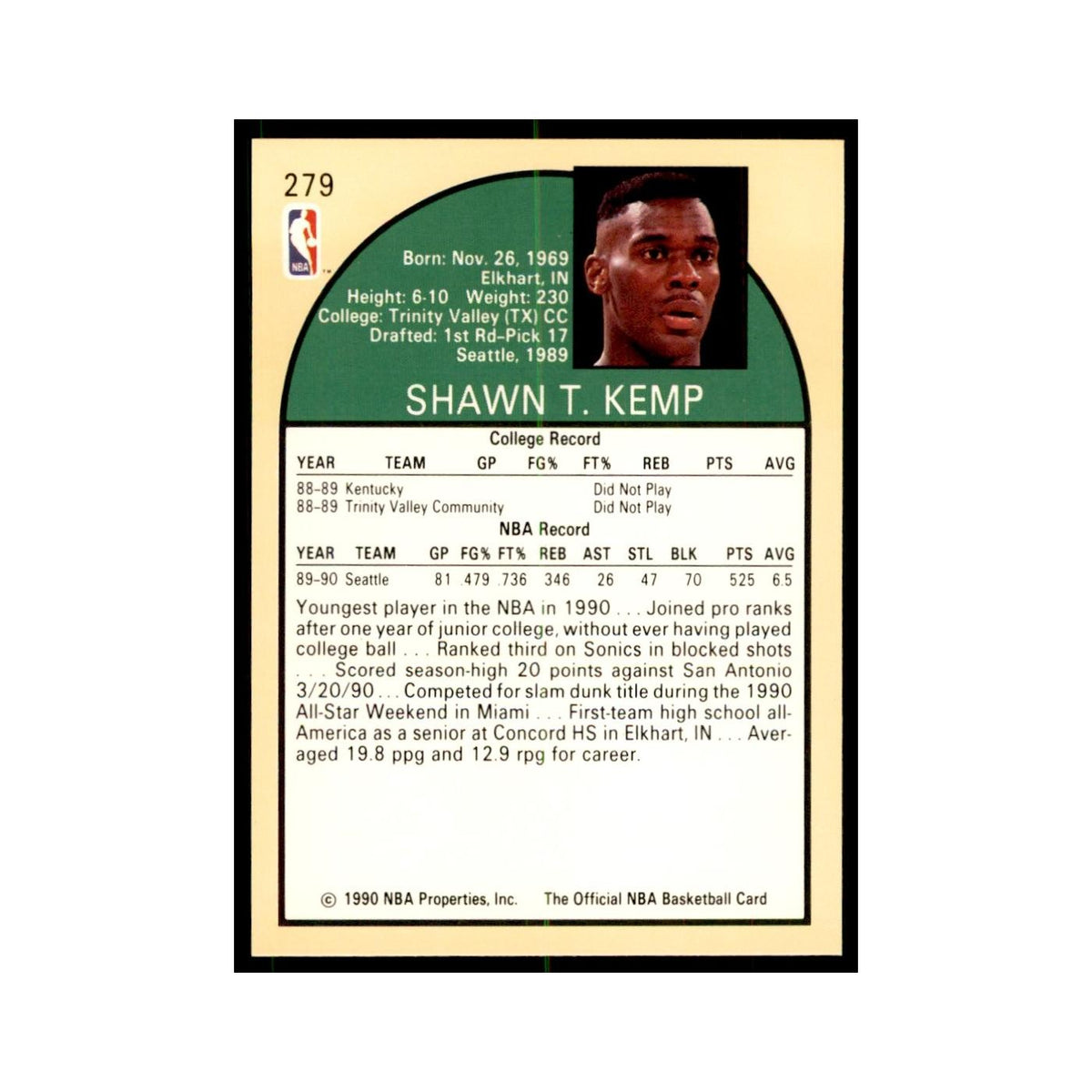 1990 NBA Hoops Shawn Kemp RC Basketball Cards #279