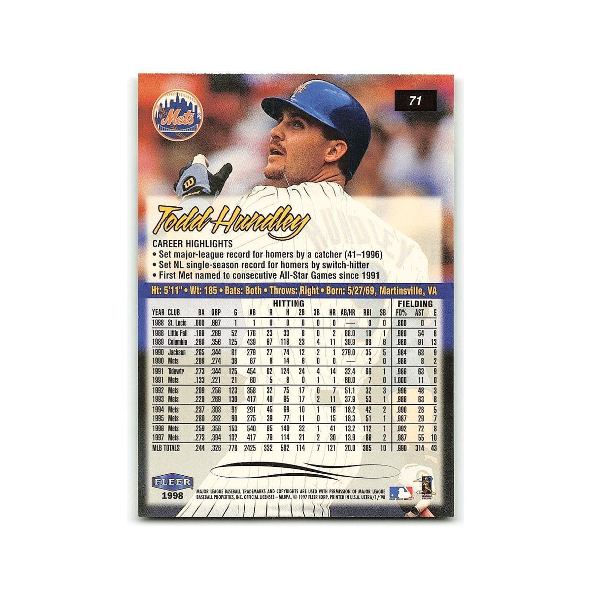 Todd Hundley 1998 Fleer Ultra #71 New York Mets Baseball Card NM
