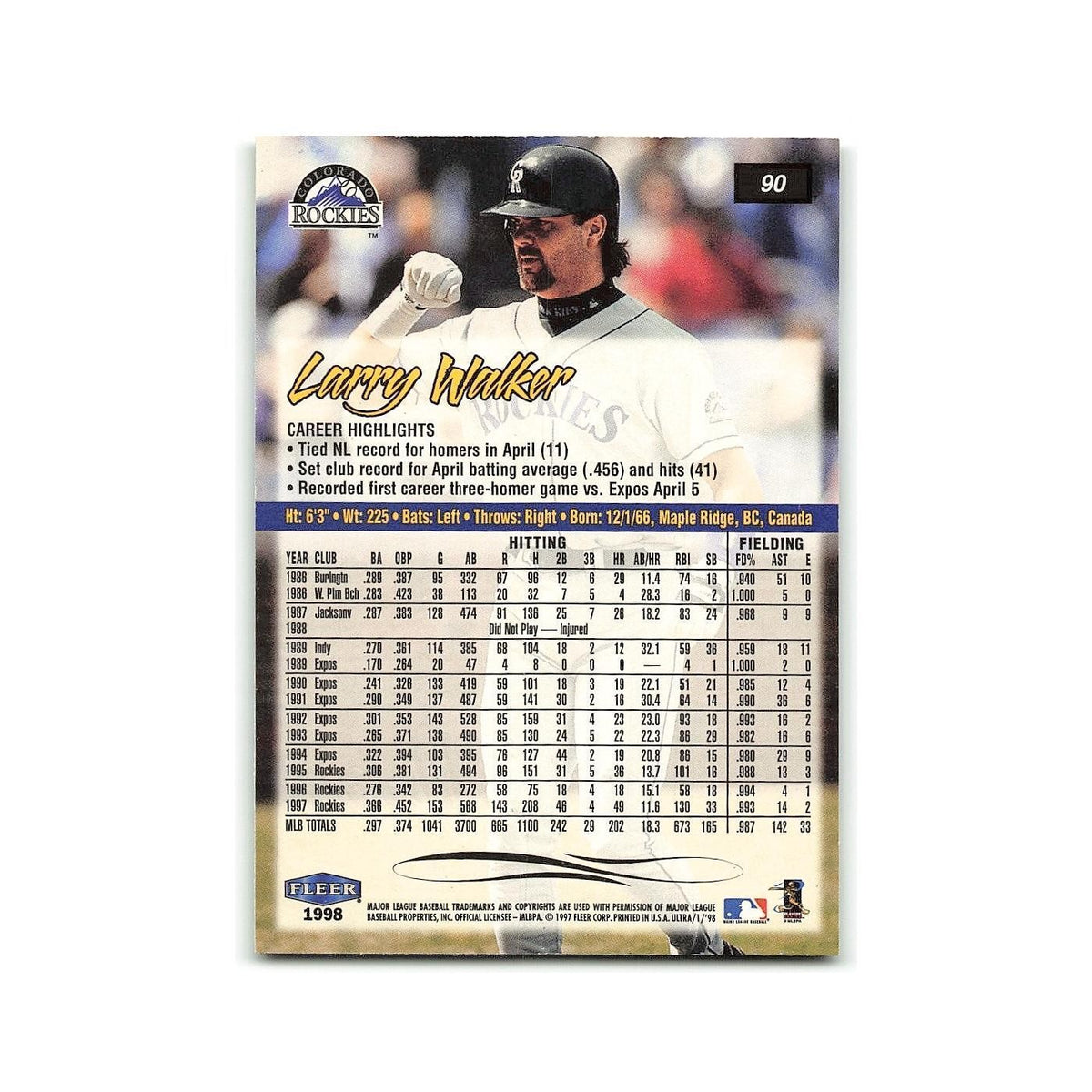 Larry Walker 1998 Fleer Ultra #90 Colorado Rockies Baseball Card NM