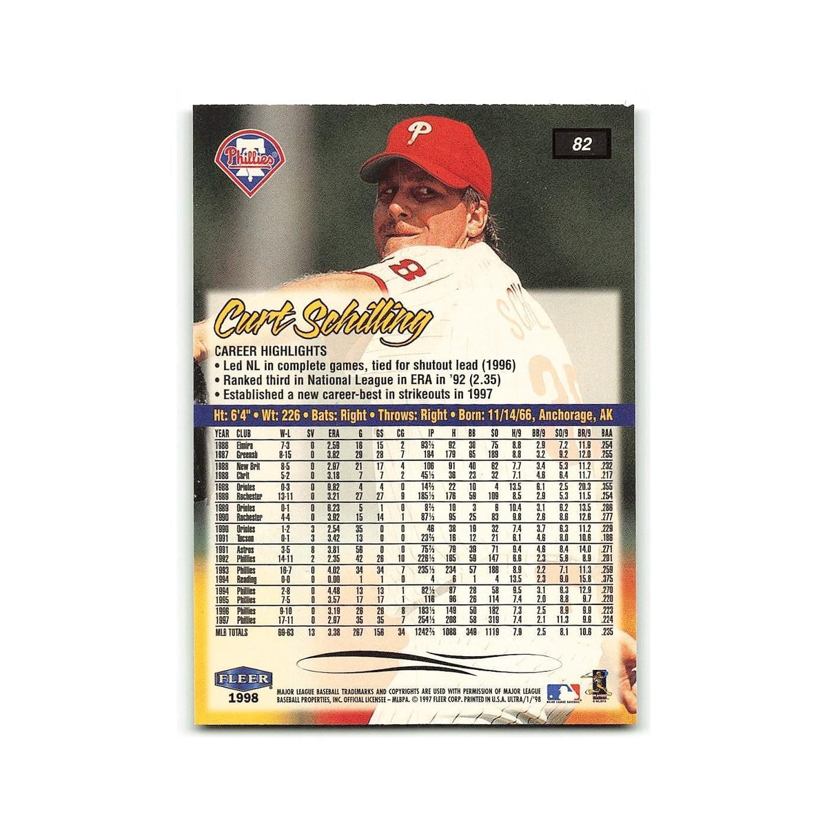 Curt Schilling 1998 Fleer Ultra #82 Philadelphia Phillies Baseball Card NM