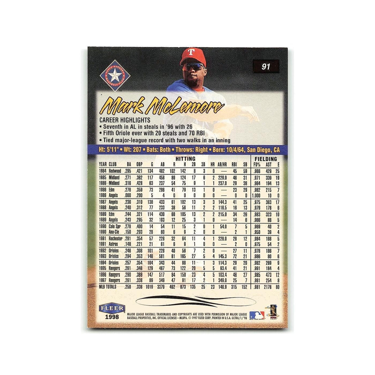 Mark McLemore 1998 Fleer Ultra #91 Texas Rangers Baseball Card NM