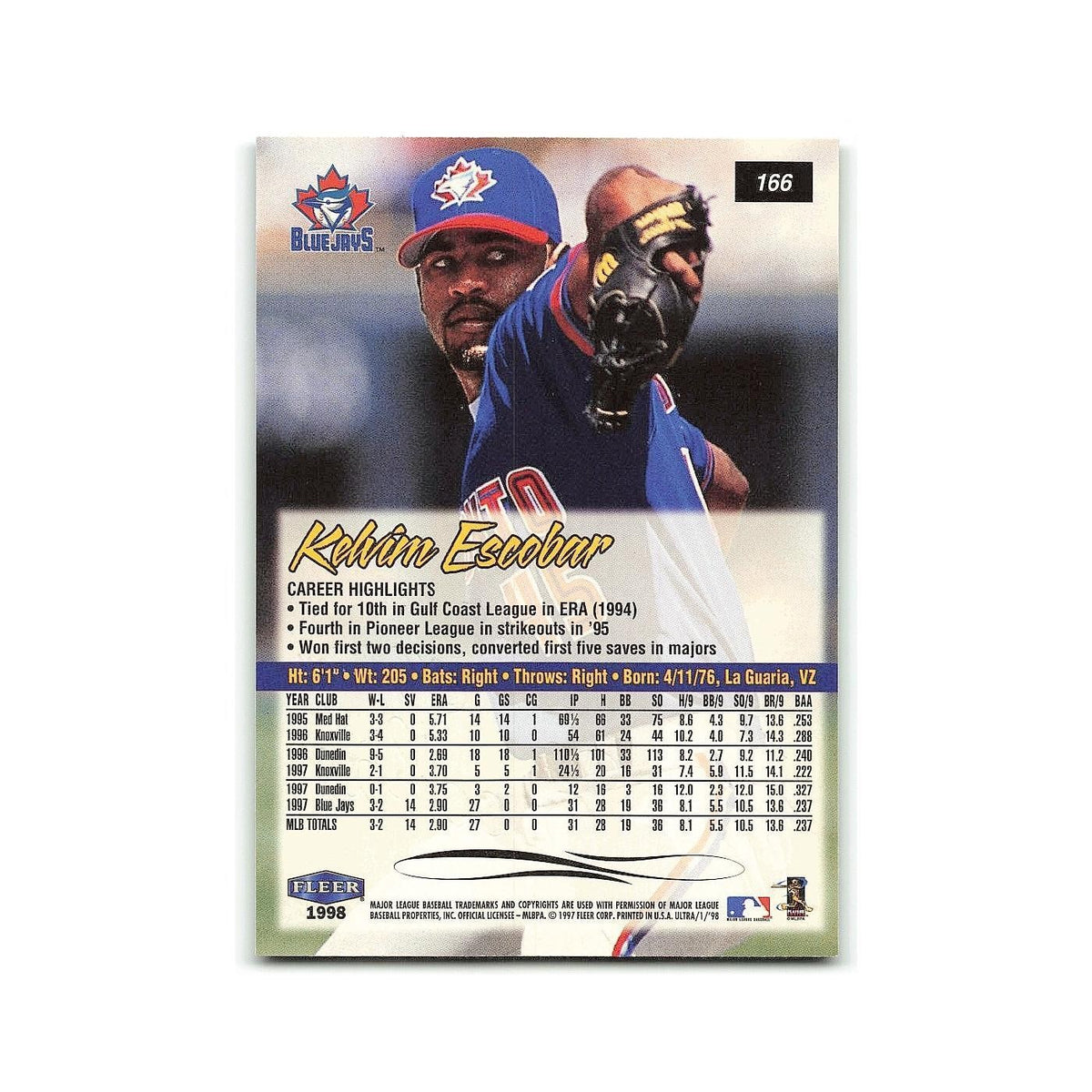Kelvin Escobar 1998 Fleer Ultra #166 Toronto Blue Jays Baseball Card NM