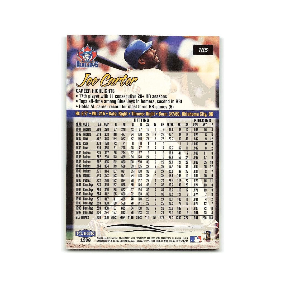 Joe Carter 1998 Fleer Ultra #165 Toronto Blue Jays Baseball Card NM