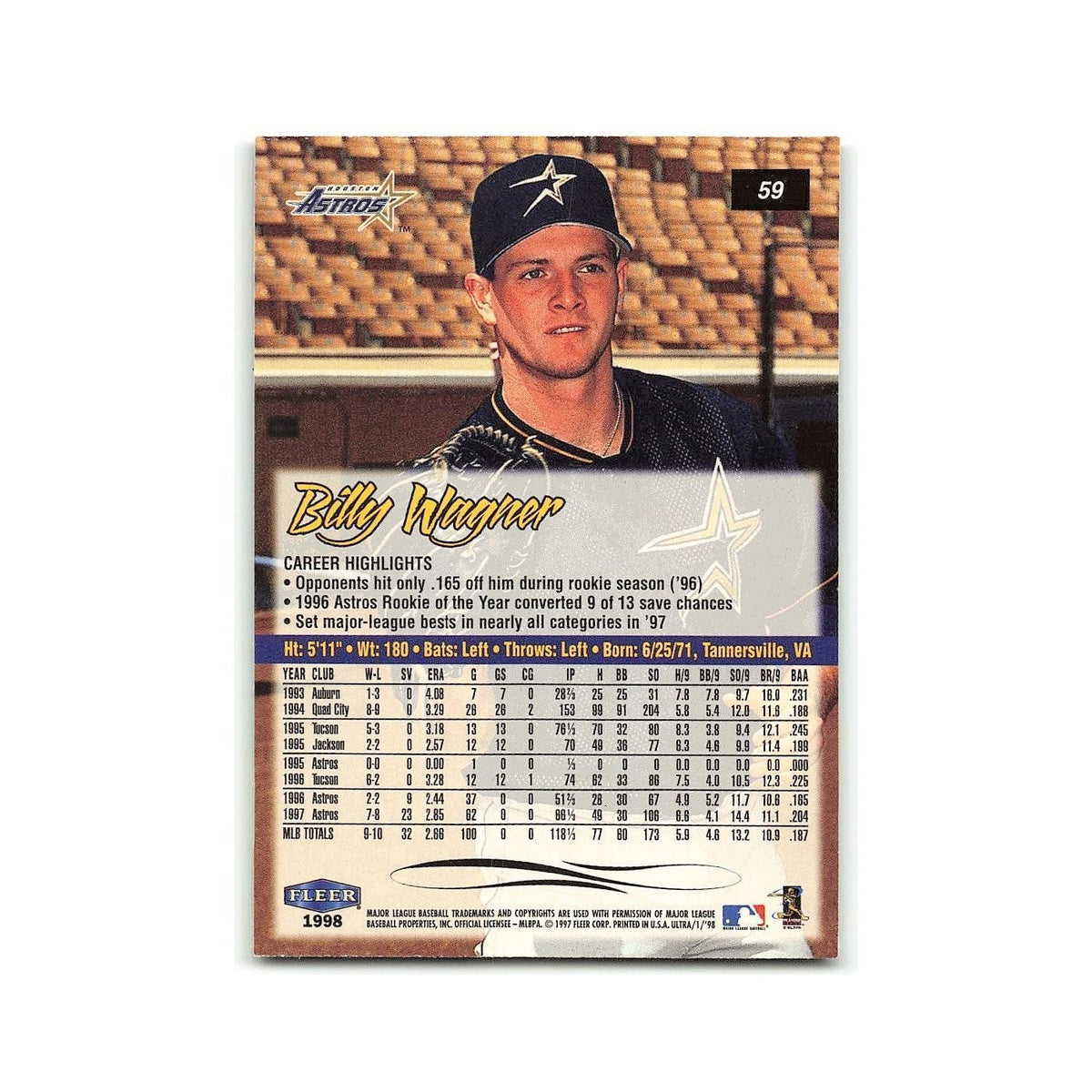 Billy Wagner 1998 Fleer Ultra #59 Houston Astros Baseball Card NM