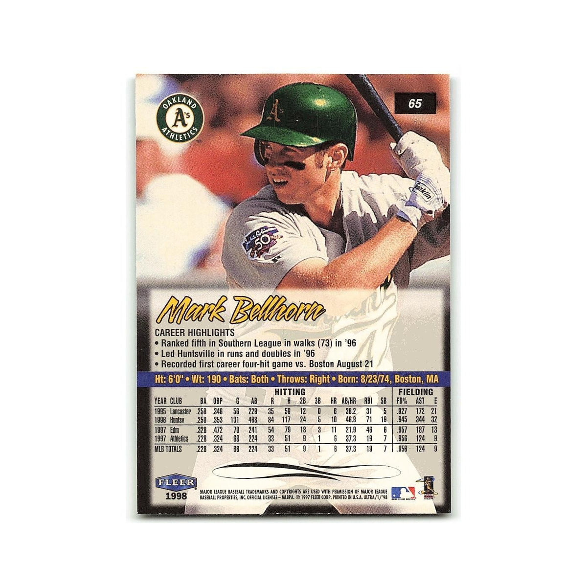 Mark Belhorn 1998 Fleer Ultra #65 Oakland Athletics Baseball Card NM