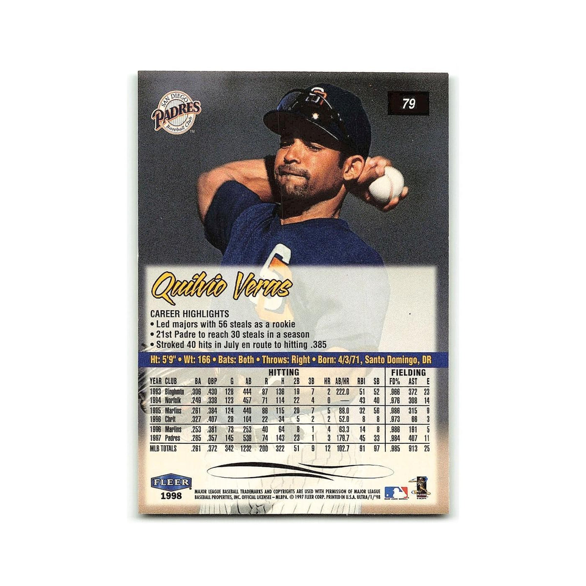 Quiilvio Veras 1998 Fleer Ultra #79 San Diego Padres Baseball Card NM