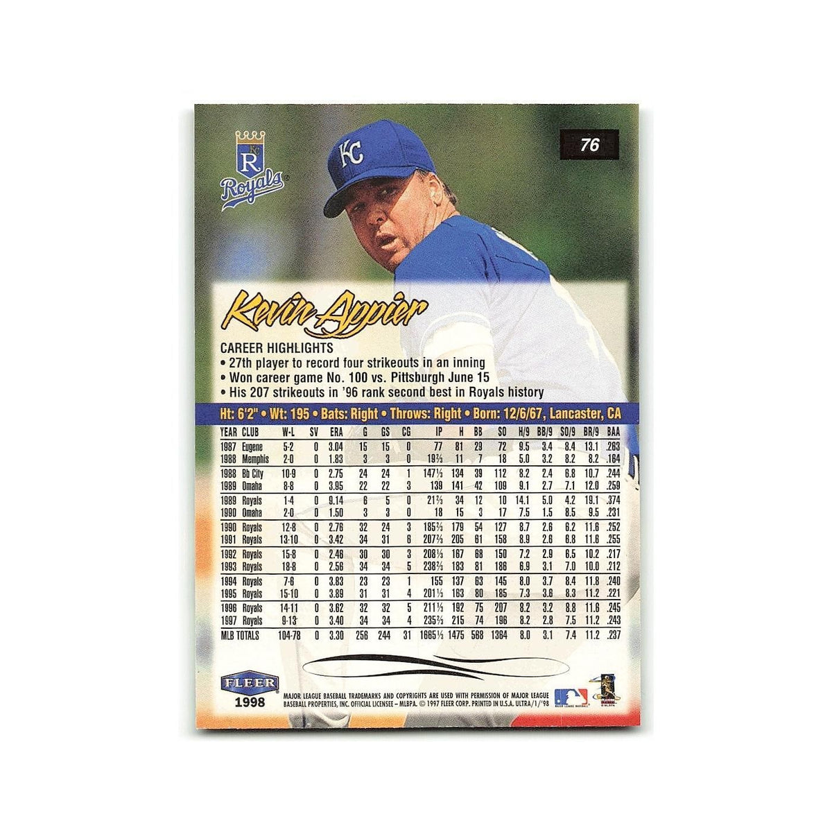 Kevin Appier 1998 Fleer Ultra #76 Kansas City Royals Baseball Card NM