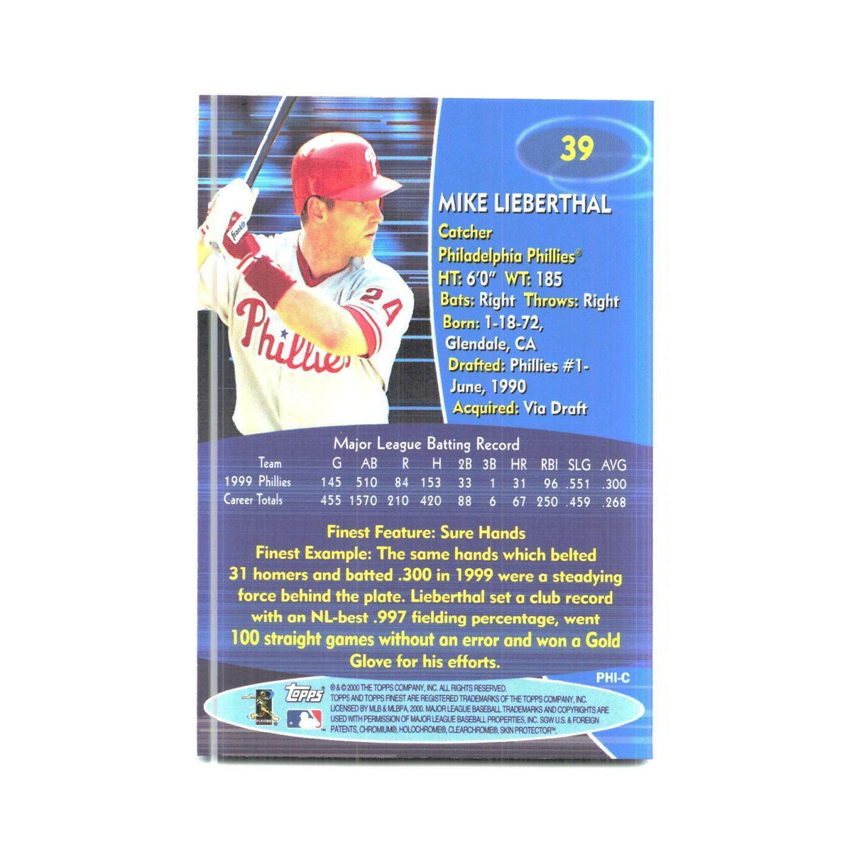 2000 Finest Mike Lieberthal Phillies #39