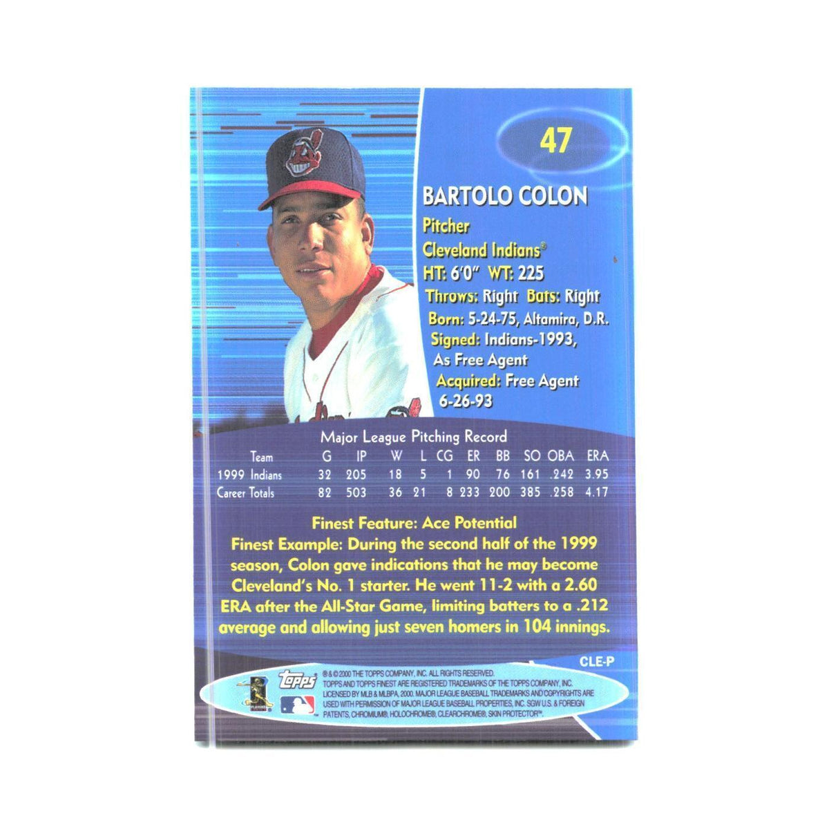 2000 Finest Bartolo Colon Indians #47