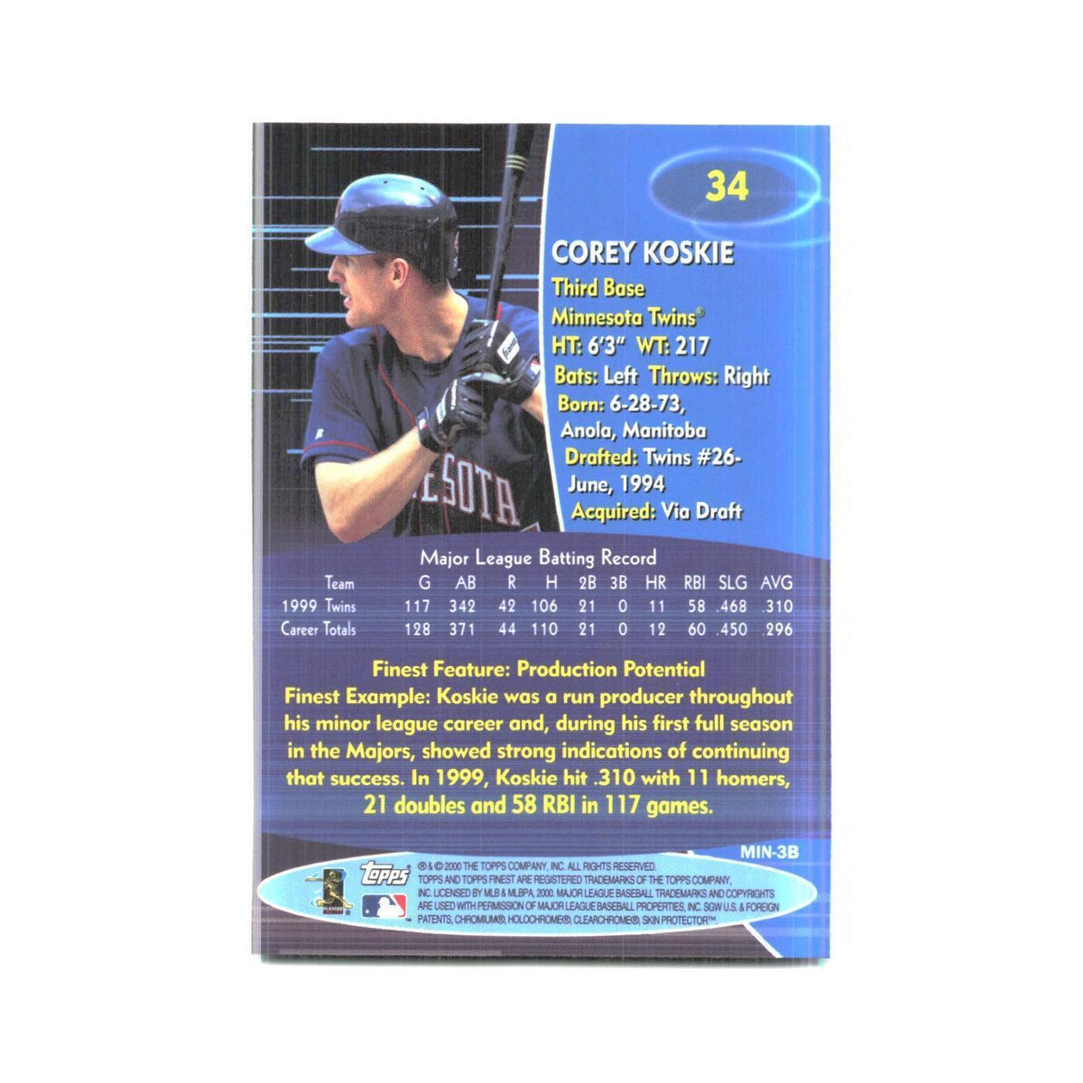 2000 Finest Corey Koskie Twins #34