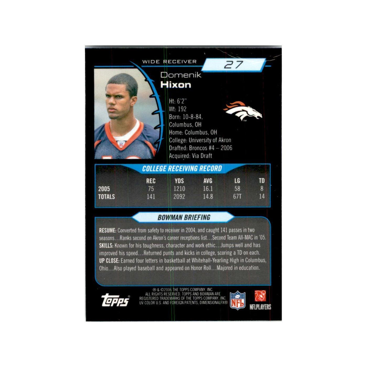 2006 Bowman Chrome Domenik Hixon RC Football Cards #27