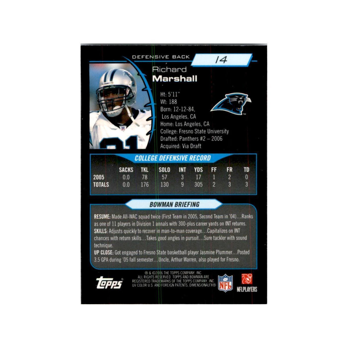 2006 Bowman Chrome Richard Marshall RC Football Cards #14