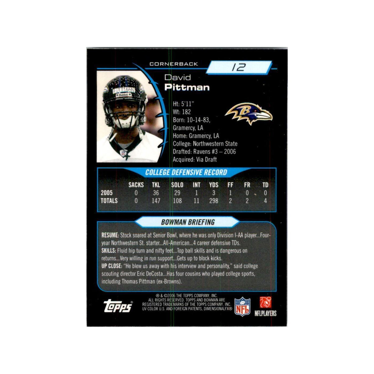 2006 Bowman Chrome David Pittman RC Football Cards #12