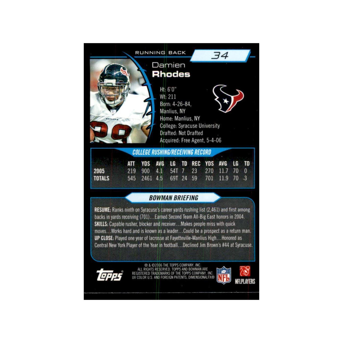 2006 Bowman Chrome Damien Rhodes RC Football Cards #34
