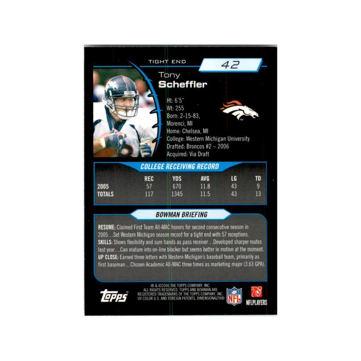 2006 Bowman Chrome Tony Scheffler RC Football Cards #42