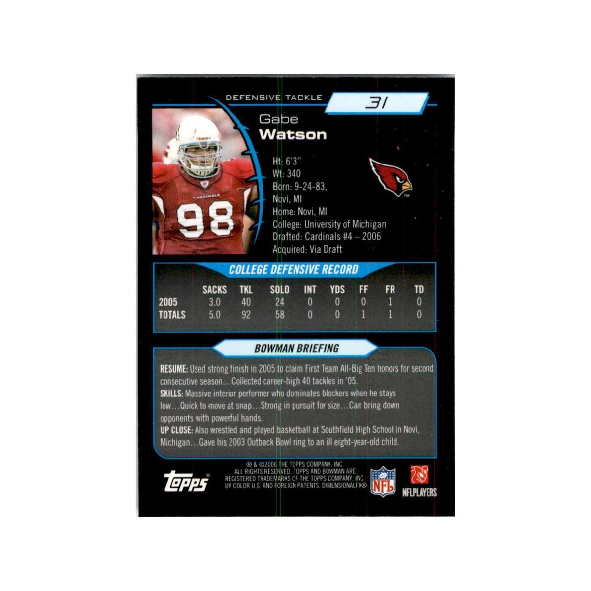 2006 Bowman Chrome Gabe Watson RC Football Cards #31
