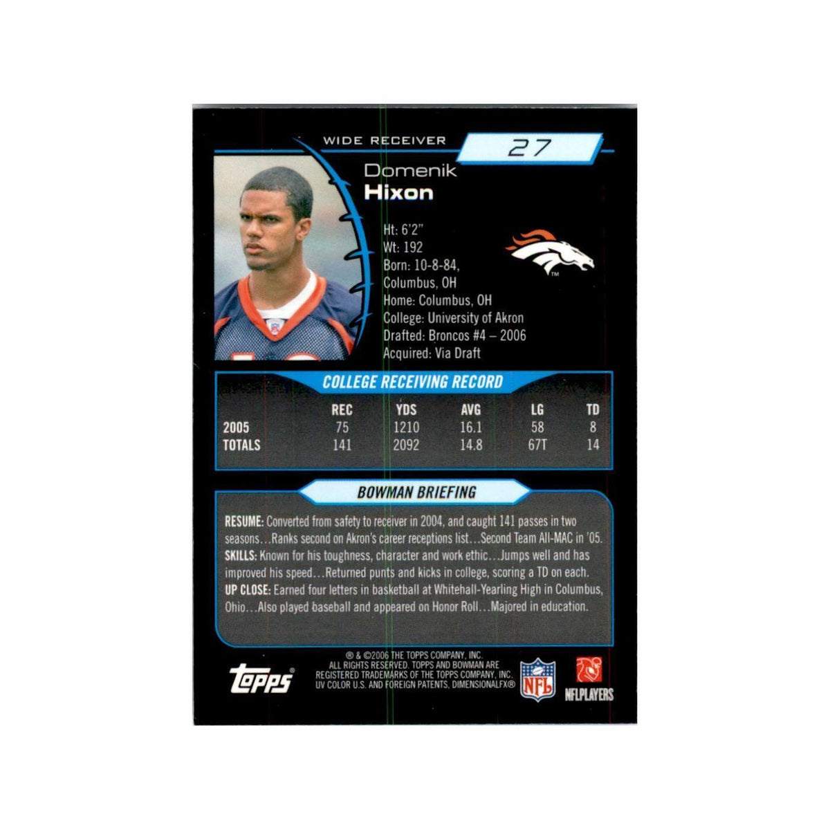 2006 Bowman Chrome Domenik Hixon RC Football Cards #27