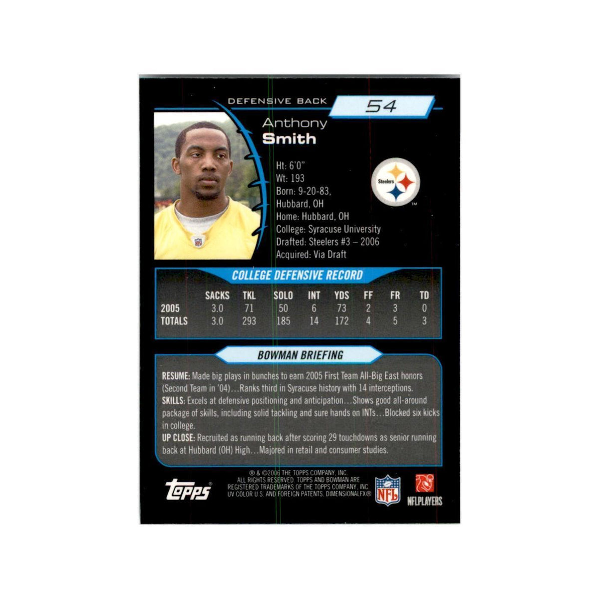 2006 Bowman Chrome Anthony Smith RC Football Cards #54