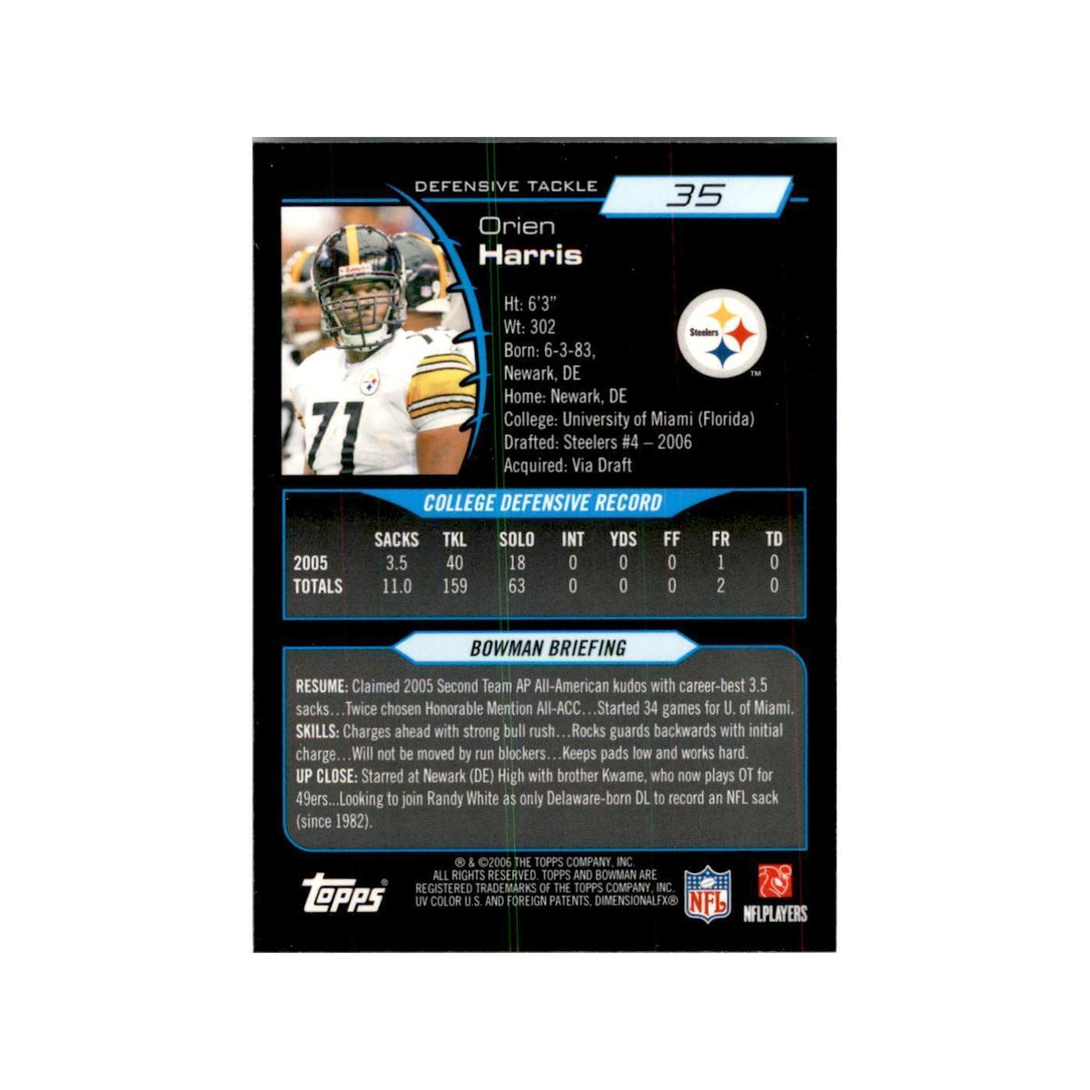2006 Bowman Chrome Orien Harris RC Football Cards #35